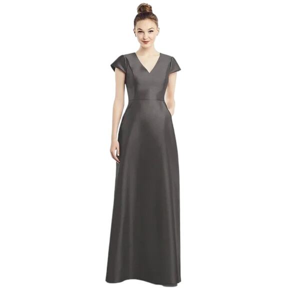 Alfred Sung D779 Cap Sleeve V-Neck Satin Gown with Pockets in Caviar Size 8 - Picture 1 of 8